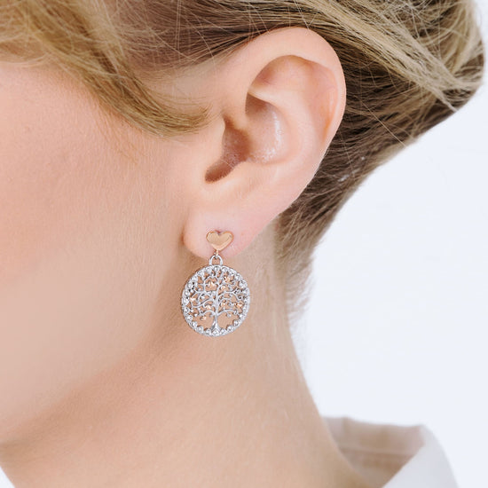 PENDIENTES DE ACERO ÁRBOL DE LA VIDA PARA MUJER CON CRISTALES BLANCOS Y CORAZONES IP RO