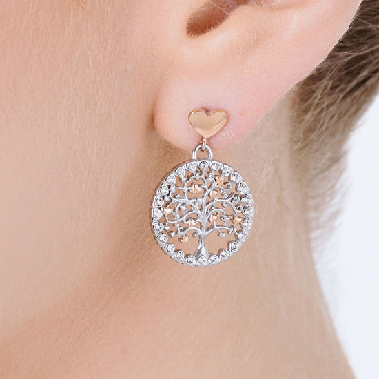 PENDIENTES DE ACERO ÁRBOL DE LA VIDA PARA MUJER CON CRISTALES BLANCOS Y CORAZONES IP RO