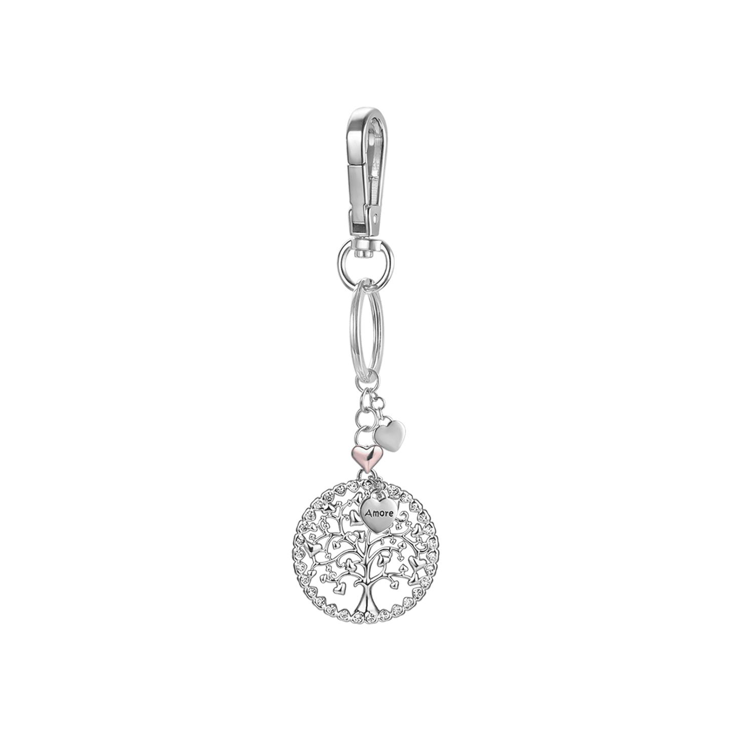 LLAVERO DE ACERO PARA MUJER CON ÁRBOL DE LA VIDA Y CORAZÓN DE ROSA IP