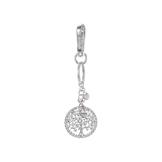 LLAVERO DE ACERO PARA MUJER CON ÁRBOL DE LA VIDA Y CORAZÓN DE ROSA IP