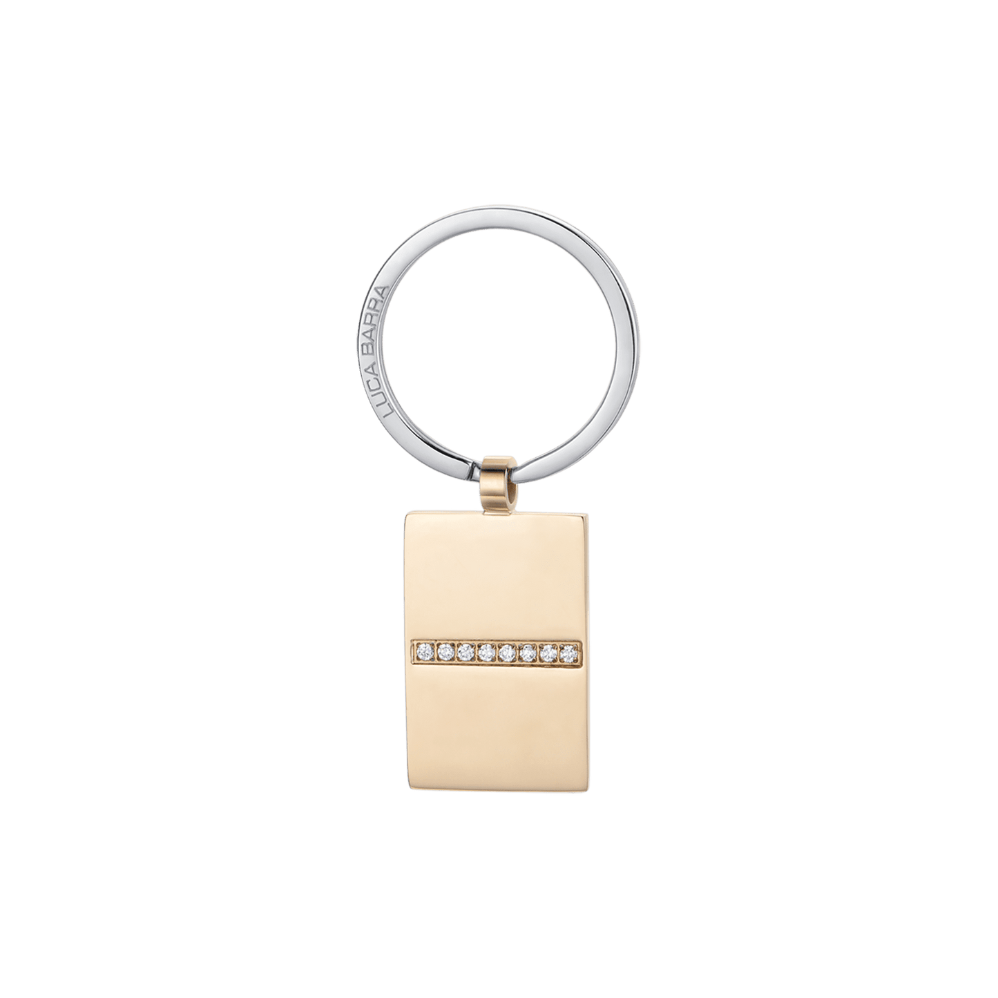 LLAVERO DE ACERO PARA HOMBRE CON PLACA DE ORO IP Y CRISTALES BLANCOS