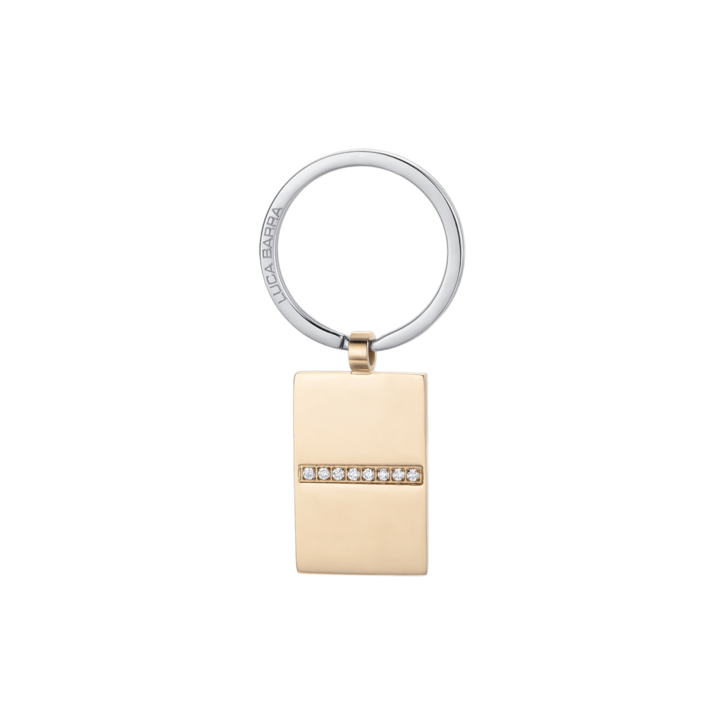 LLAVERO DE ACERO PARA HOMBRE CON PLACA DE ORO IP Y CRISTALES BLANCOS