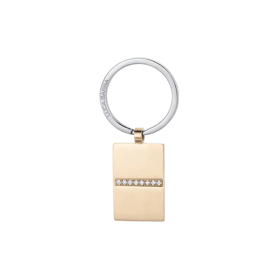 LLAVERO DE ACERO PARA HOMBRE CON PLACA DE ORO IP Y CRISTALES BLANCOS