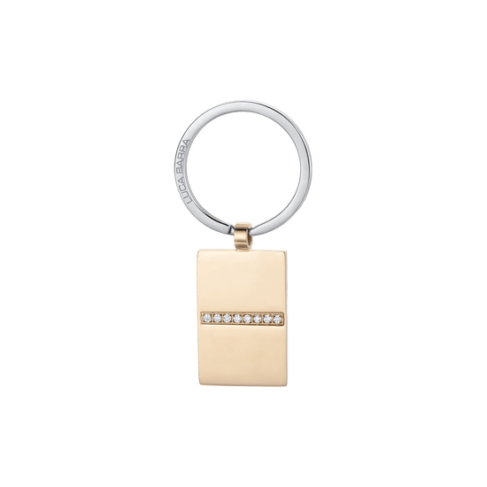 LLAVERO DE ACERO PARA HOMBRE CON PLACA DE ORO IP Y CRISTALES BLANCOS