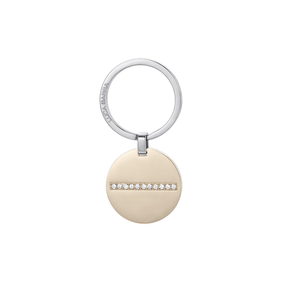 LLAVERO DE ACERO PARA HOMBRE CON PLACA CIRCULAR DE ORO IP Y CRISTALES