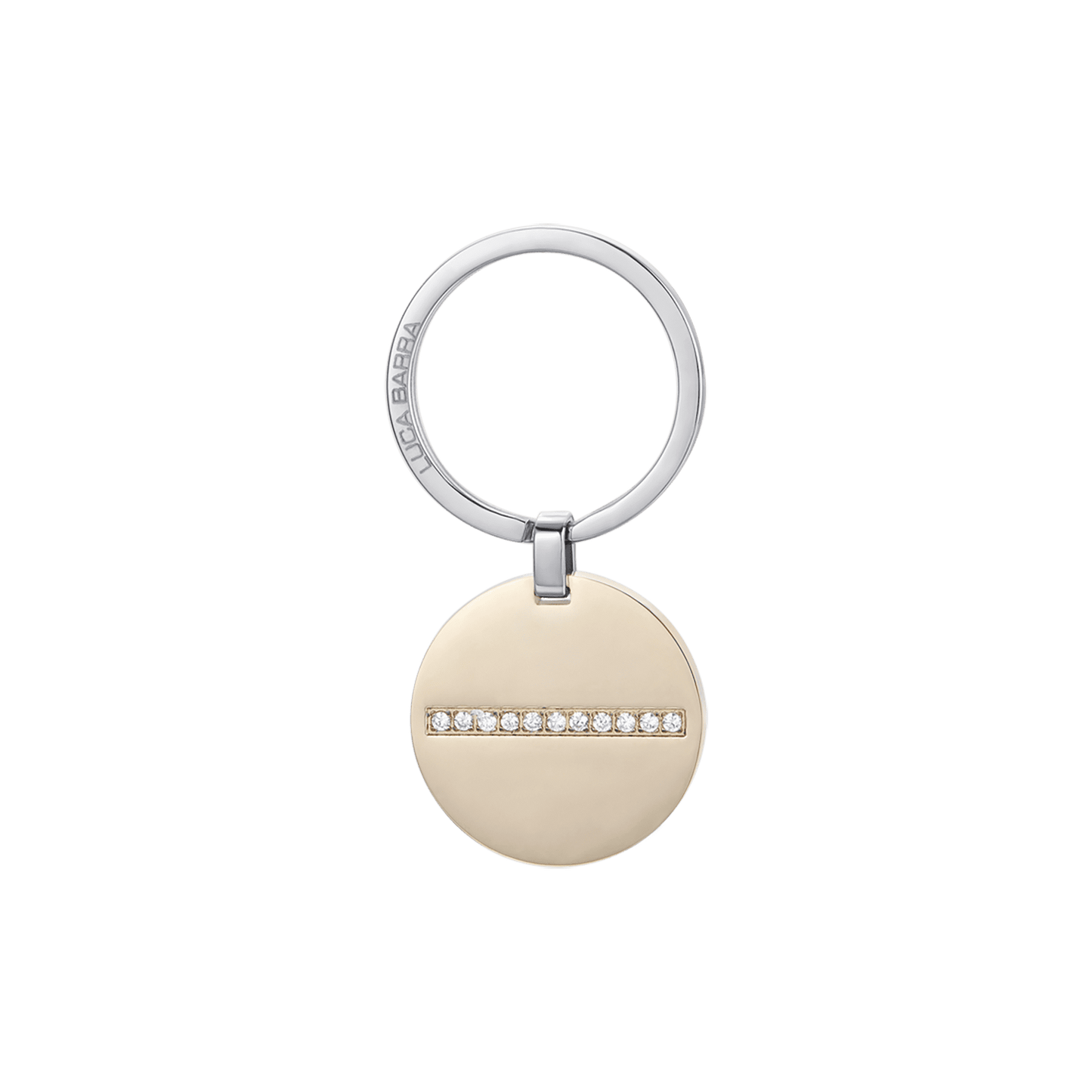 LLAVERO DE ACERO PARA HOMBRE CON PLACA CIRCULAR DE ORO IP Y CRISTALES