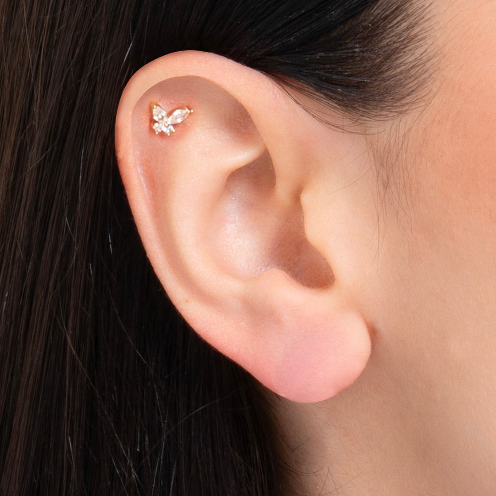 PIERCING ORECCHIO DONNA IN ACCIAIO COLORE ORO FARFALLA E ZIRCONI BIANCHI